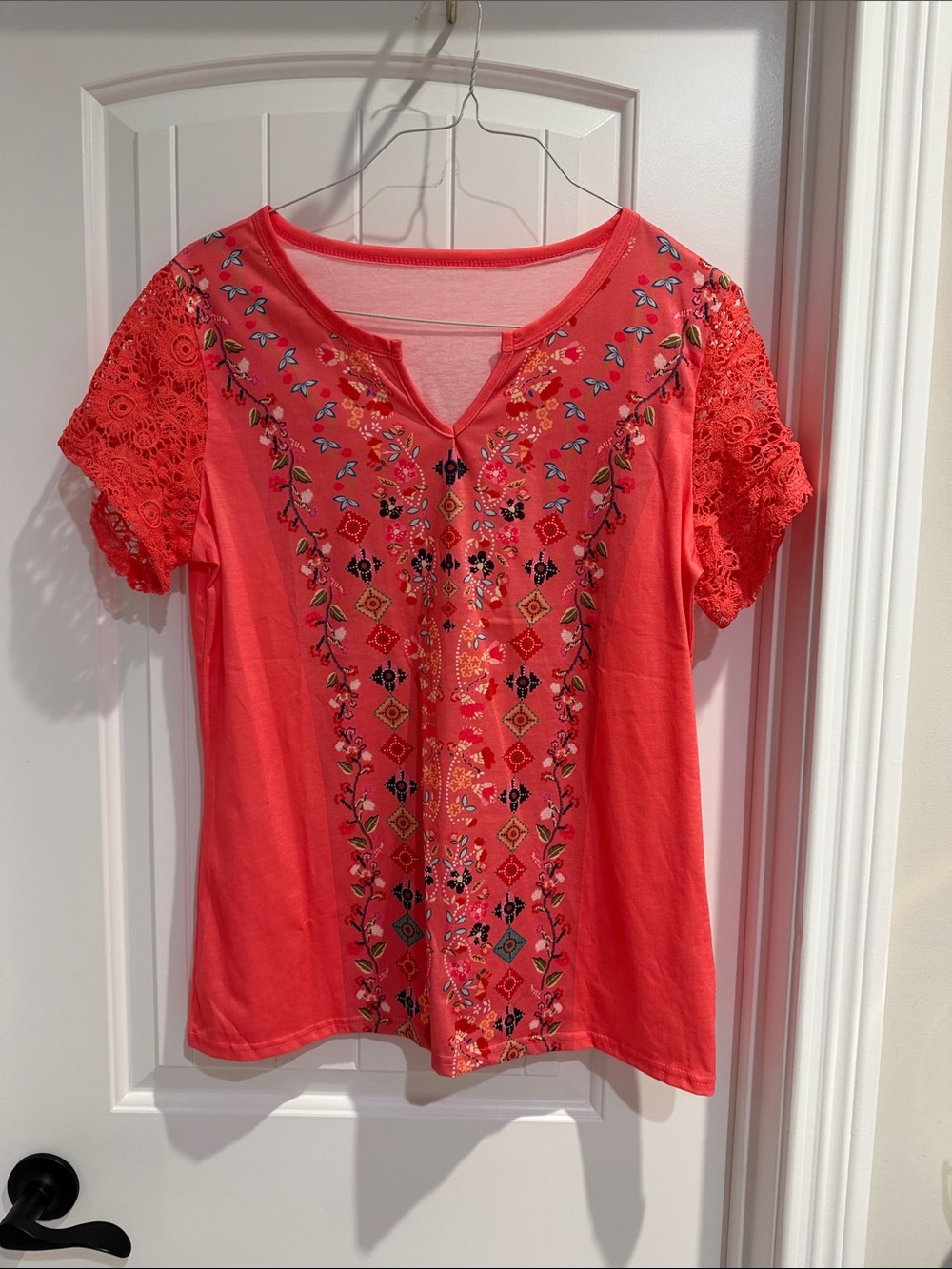 Coral Embroidered Lace-Sleeve Short Sleeve Women's Top